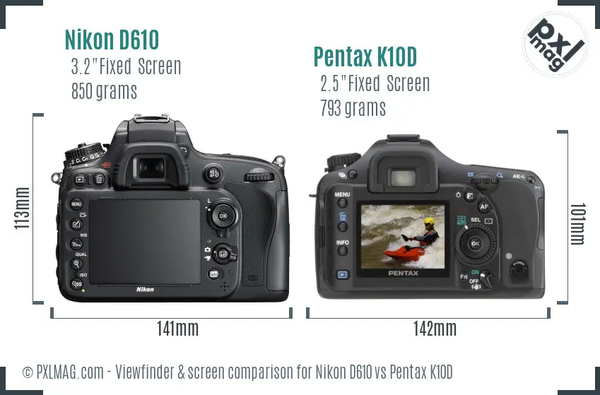 Nikon D610 vs Pentax K10D Screen and Viewfinder comparison