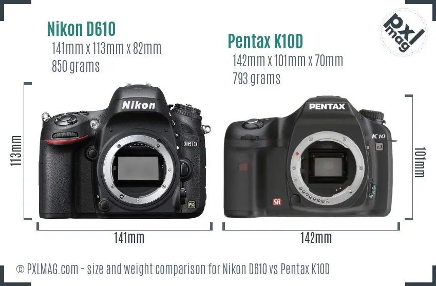Nikon D610 vs Pentax K10D size comparison