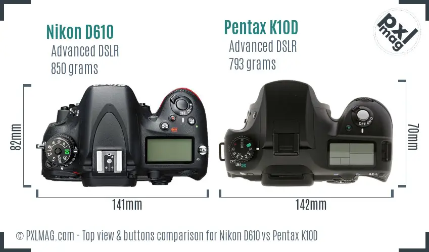 Nikon D610 vs Pentax K10D top view buttons comparison