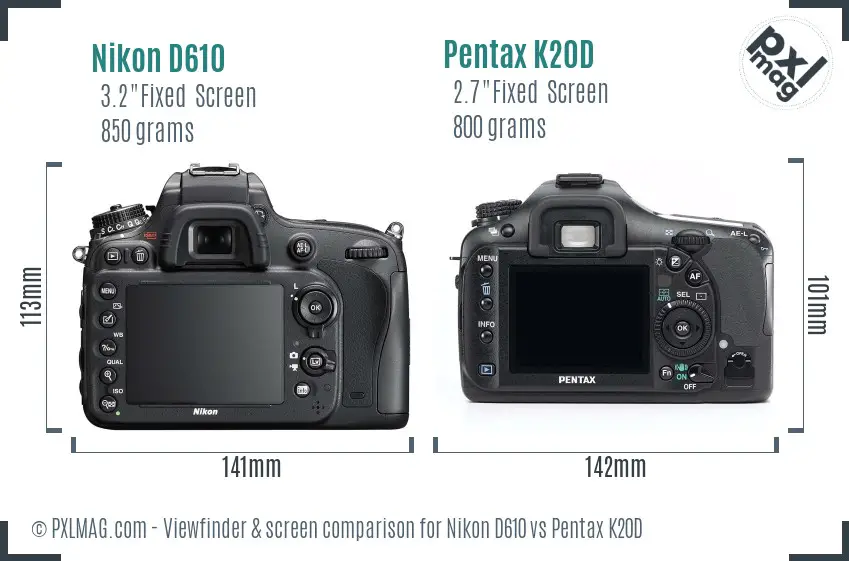 Nikon D610 vs Pentax K20D Screen and Viewfinder comparison