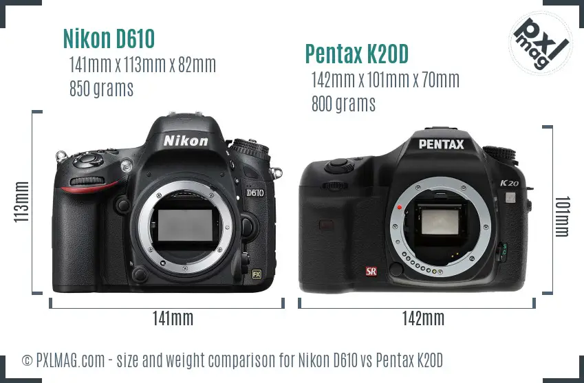 Nikon D610 vs Pentax K20D size comparison