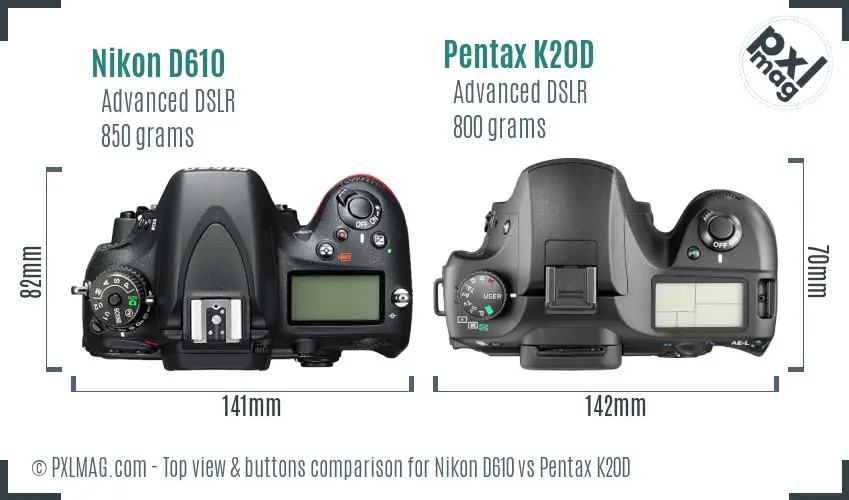 Nikon D610 vs Pentax K20D top view buttons comparison