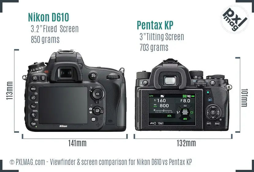 Nikon D610 vs Pentax KP Screen and Viewfinder comparison