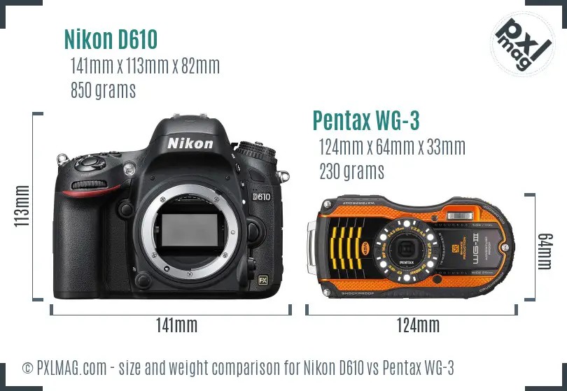 Nikon D610 vs Pentax WG-3 size comparison