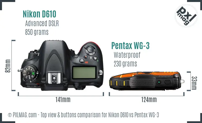 Nikon D610 vs Pentax WG-3 top view buttons comparison