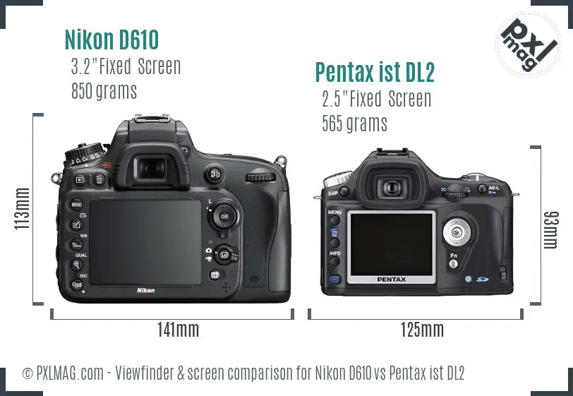 Nikon D610 vs Pentax ist DL2 Screen and Viewfinder comparison