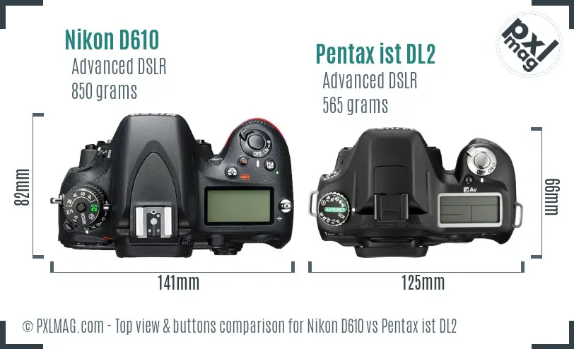 Nikon D610 vs Pentax ist DL2 top view buttons comparison