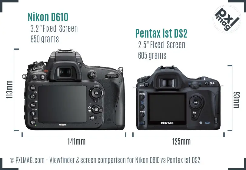 Nikon D610 vs Pentax ist DS2 Screen and Viewfinder comparison