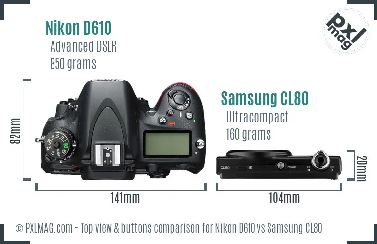 Nikon D610 vs Samsung CL80 top view buttons comparison