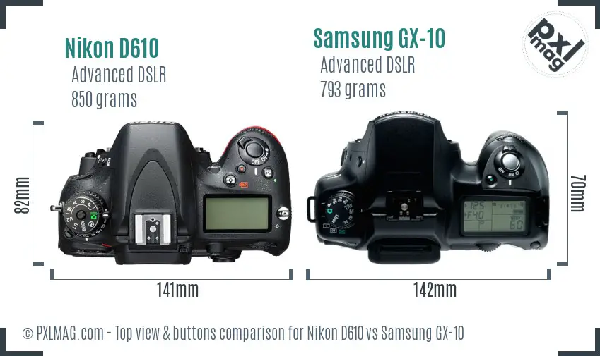 Nikon D610 vs Samsung GX-10 top view buttons comparison