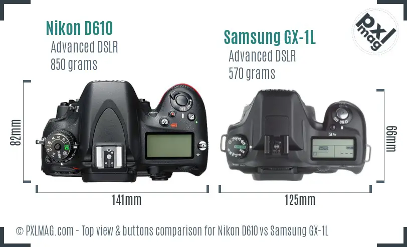 Nikon D610 vs Samsung GX-1L top view buttons comparison