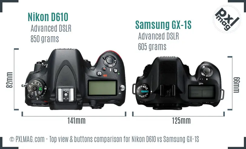 Nikon D610 vs Samsung GX-1S top view buttons comparison