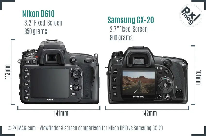 Nikon D610 vs Samsung GX-20 Screen and Viewfinder comparison