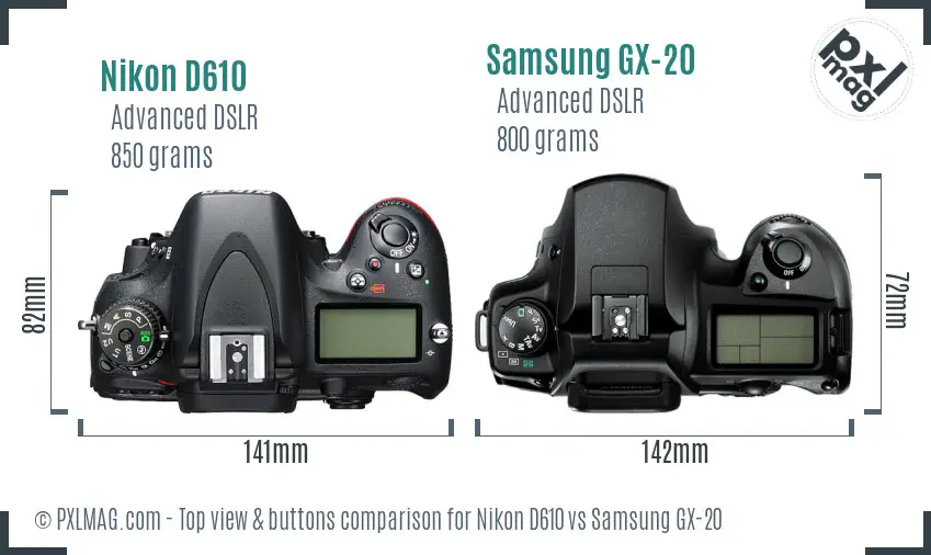 Nikon D610 vs Samsung GX-20 top view buttons comparison