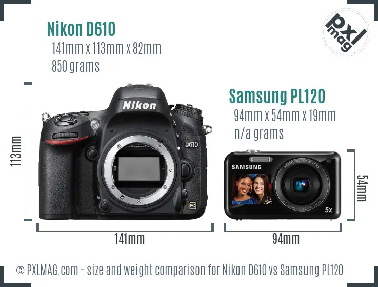 Nikon D610 vs Samsung PL120 size comparison