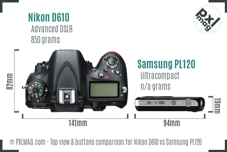 Nikon D610 vs Samsung PL120 top view buttons comparison