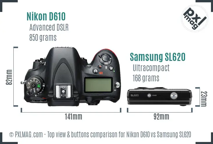 Nikon D610 vs Samsung SL620 top view buttons comparison