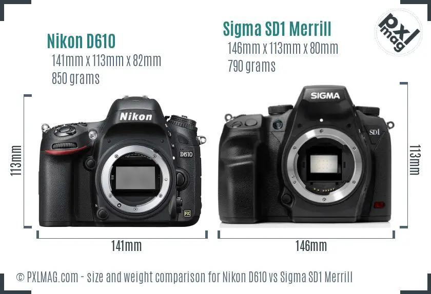 Nikon D610 vs Sigma SD1 Merrill size comparison