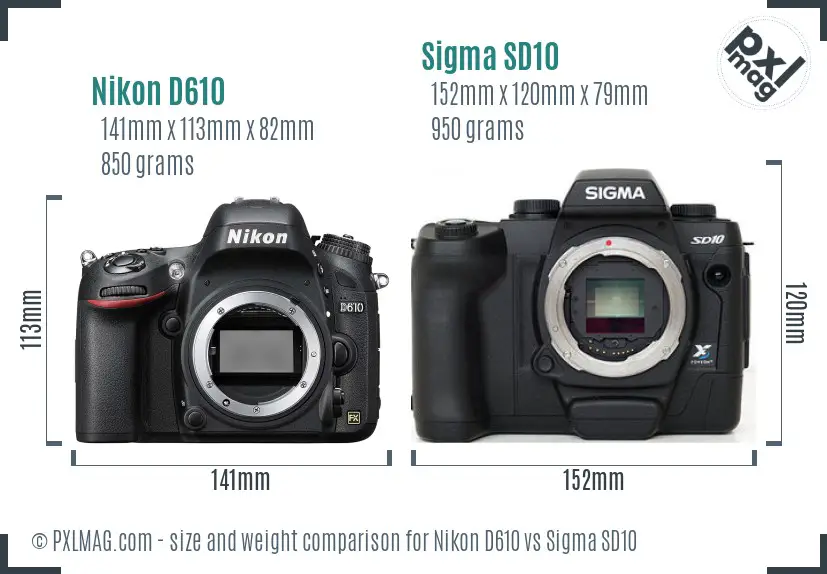 Nikon D610 vs Sigma SD10 size comparison