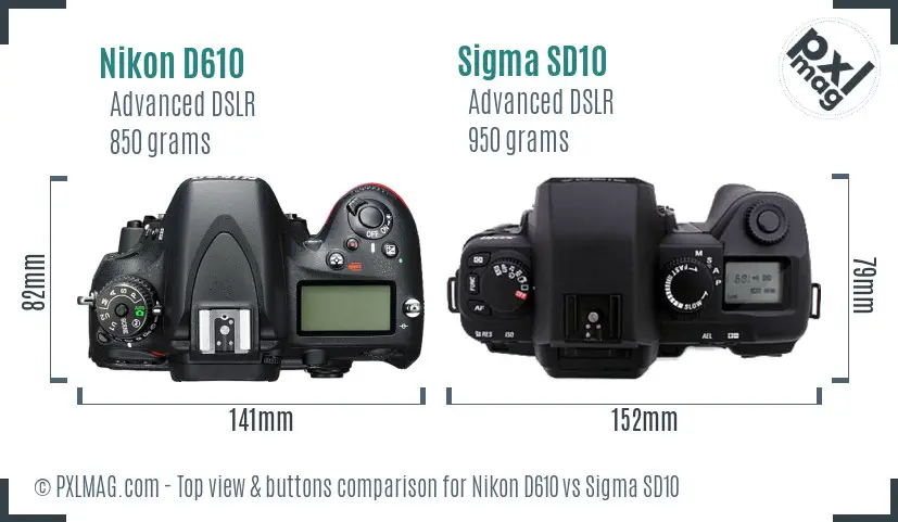 Nikon D610 vs Sigma SD10 top view buttons comparison