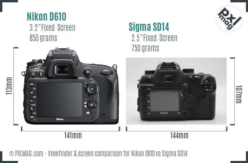 Nikon D610 vs Sigma SD14 Screen and Viewfinder comparison