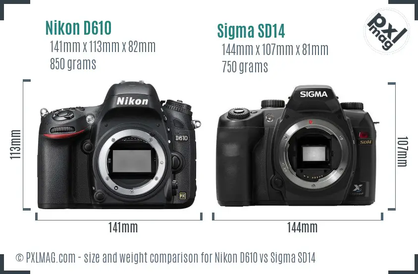 Nikon D610 vs Sigma SD14 size comparison