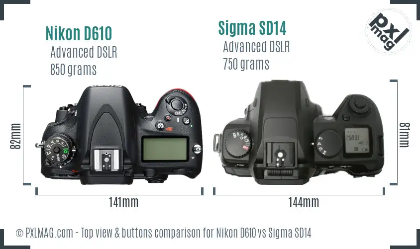 Nikon D610 vs Sigma SD14 top view buttons comparison