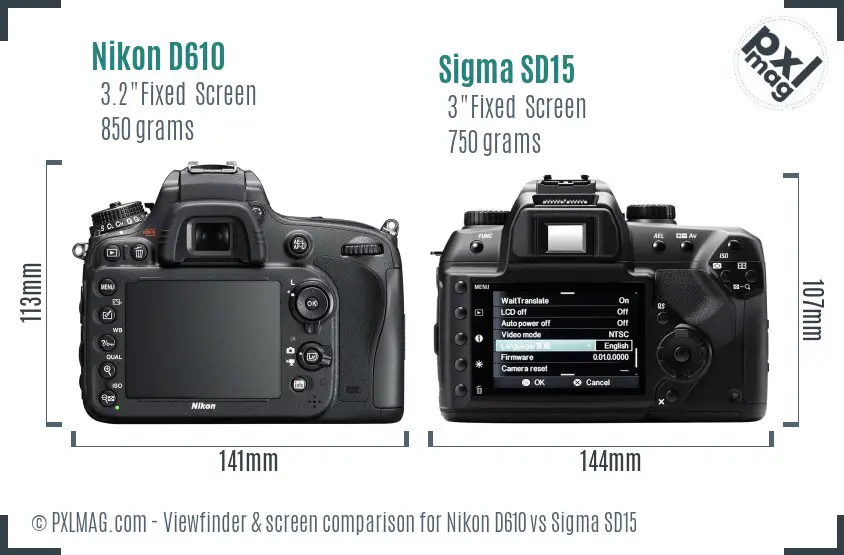 Nikon D610 vs Sigma SD15 Screen and Viewfinder comparison