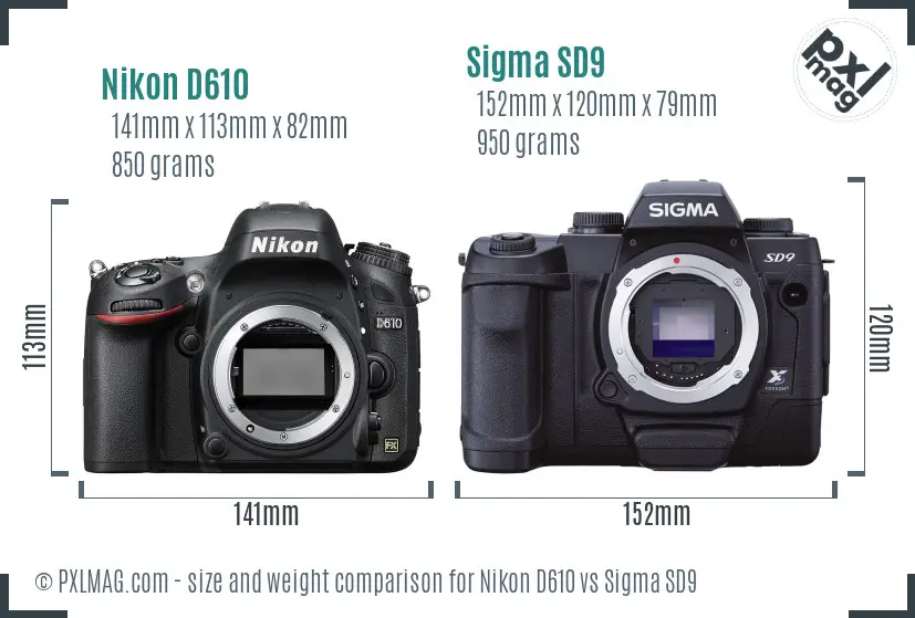 Nikon D610 vs Sigma SD9 size comparison