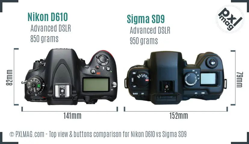 Nikon D610 vs Sigma SD9 top view buttons comparison