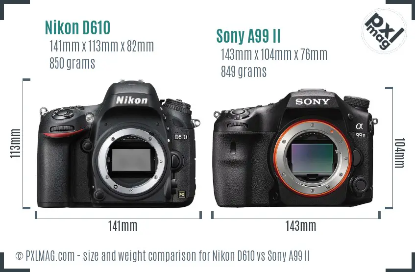 Nikon D610 vs Sony A99 II size comparison