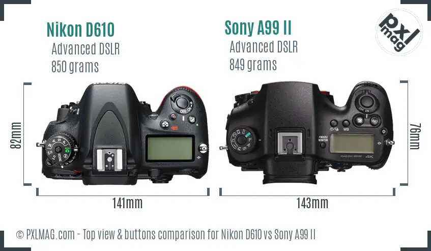 Nikon D610 vs Sony A99 II top view buttons comparison