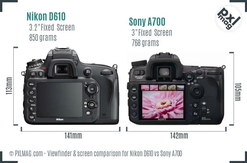 Nikon D610 vs Sony A700 Screen and Viewfinder comparison