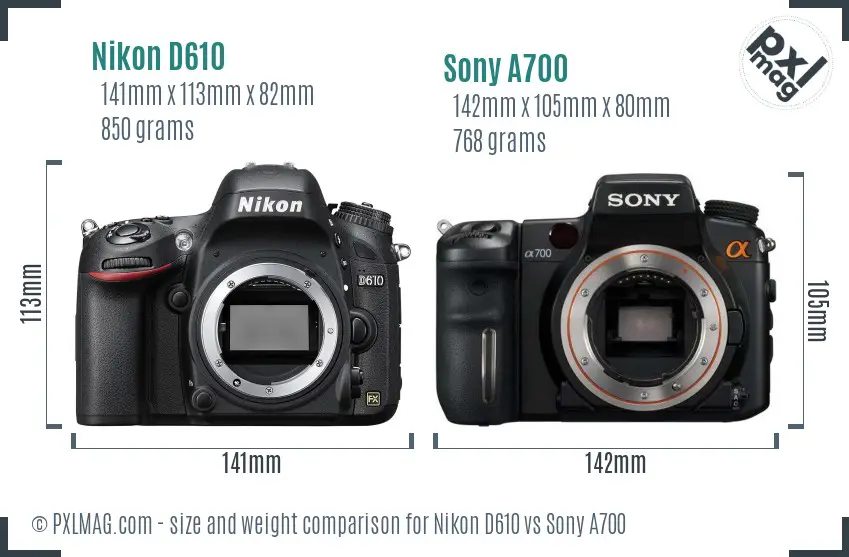 Nikon D610 vs Sony A700 size comparison
