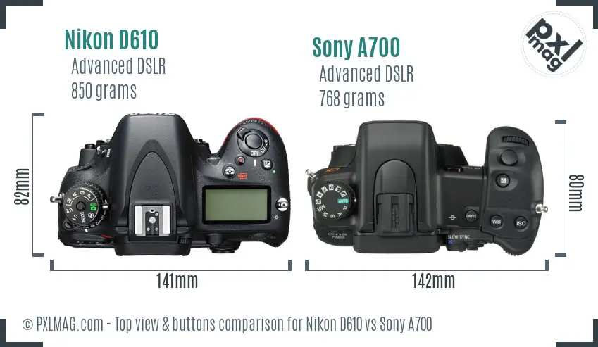Nikon D610 vs Sony A700 top view buttons comparison