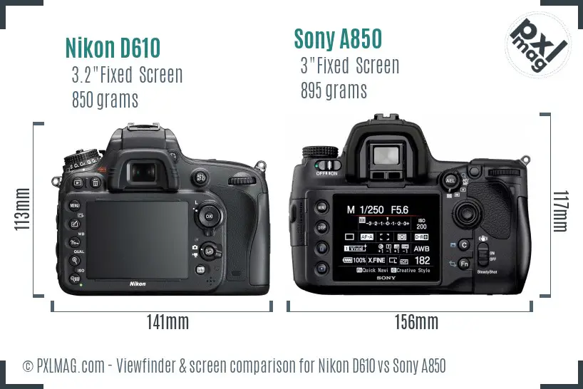Nikon D610 vs Sony A850 Screen and Viewfinder comparison