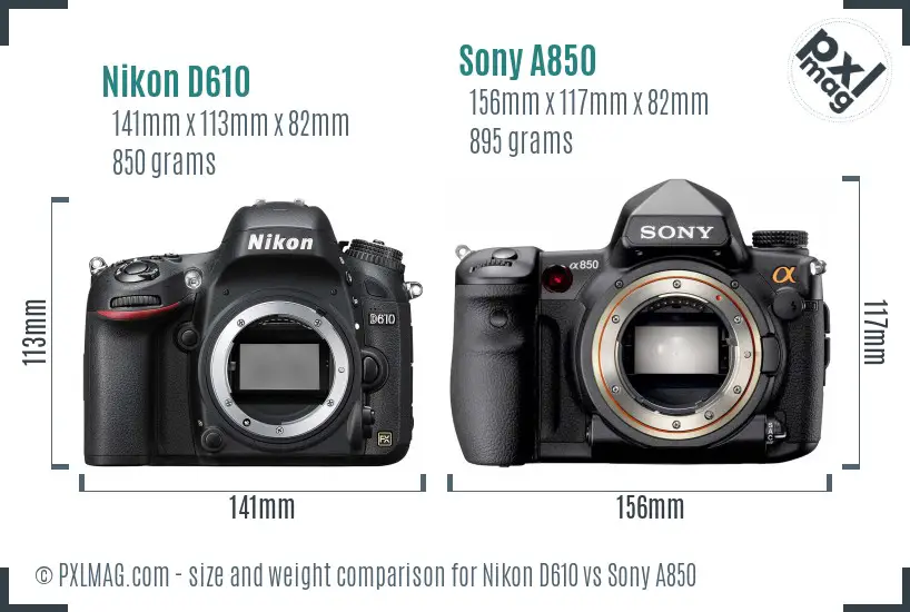 Nikon D610 vs Sony A850 size comparison