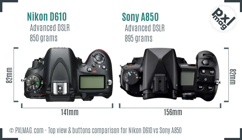 Nikon D610 vs Sony A850 top view buttons comparison