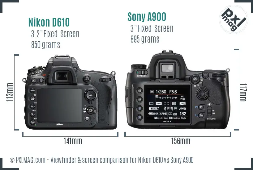 Nikon D610 vs Sony A900 Screen and Viewfinder comparison