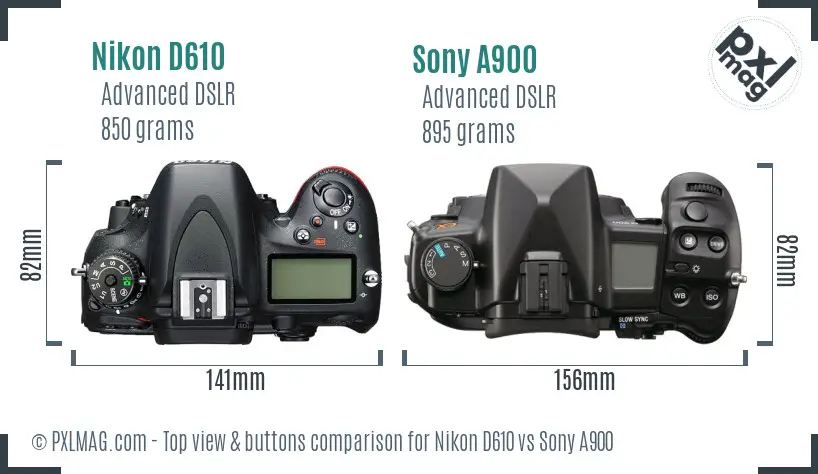 Nikon D610 vs Sony A900 top view buttons comparison