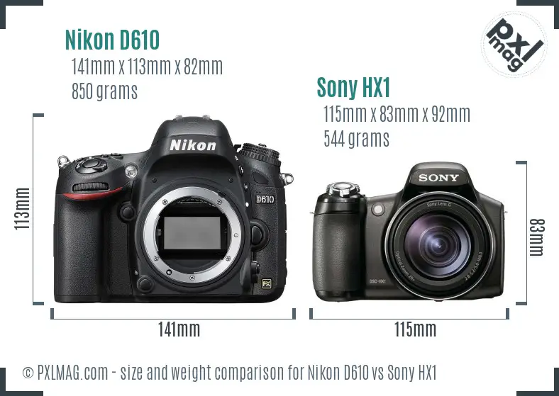 Nikon D610 vs Sony HX1 size comparison