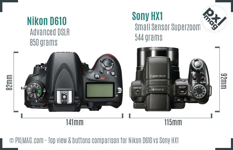Nikon D610 vs Sony HX1 top view buttons comparison