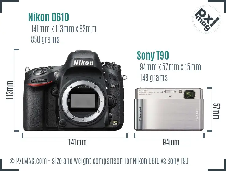 Nikon D610 vs Sony T90 size comparison