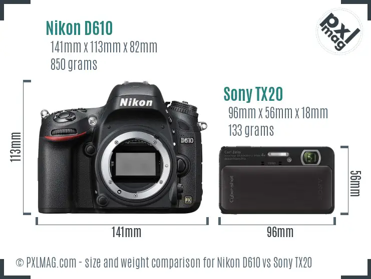 Nikon D610 vs Sony TX20 size comparison