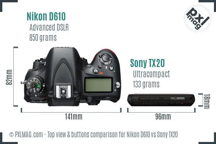 Nikon D610 vs Sony TX20 top view buttons comparison