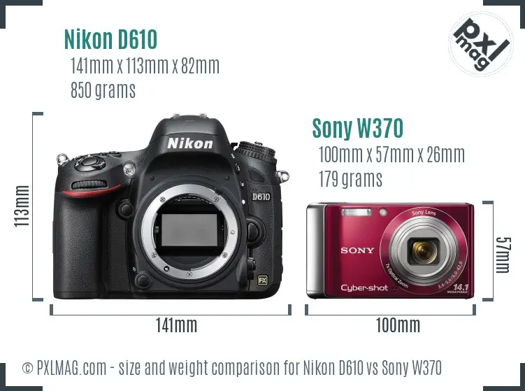 Nikon D610 vs Sony W370 size comparison