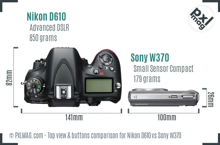 Nikon D610 vs Sony W370 top view buttons comparison