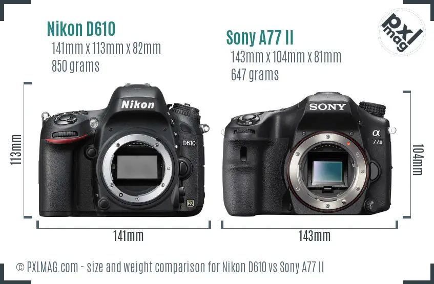 Nikon D610 vs Sony A77 II size comparison