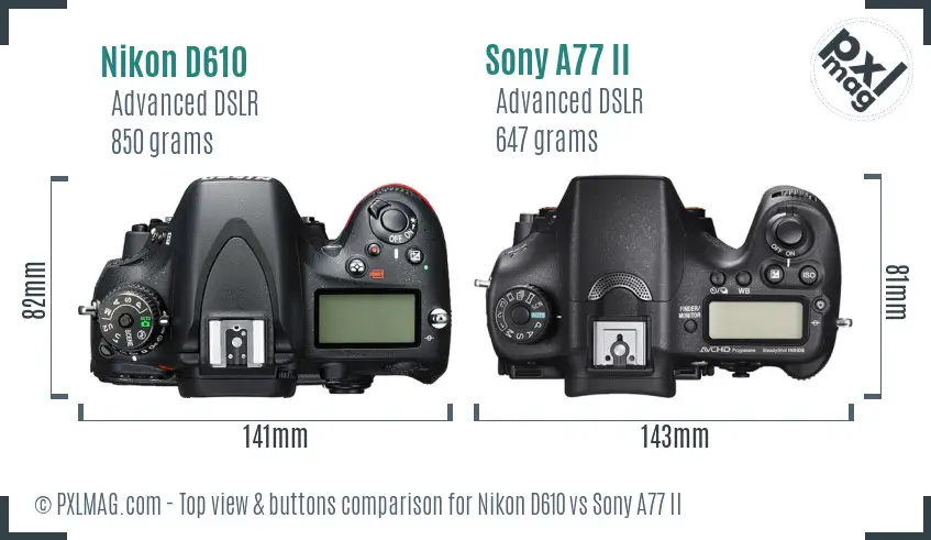 Nikon D610 vs Sony A77 II top view buttons comparison