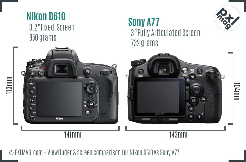 Nikon D610 vs Sony A77 Screen and Viewfinder comparison